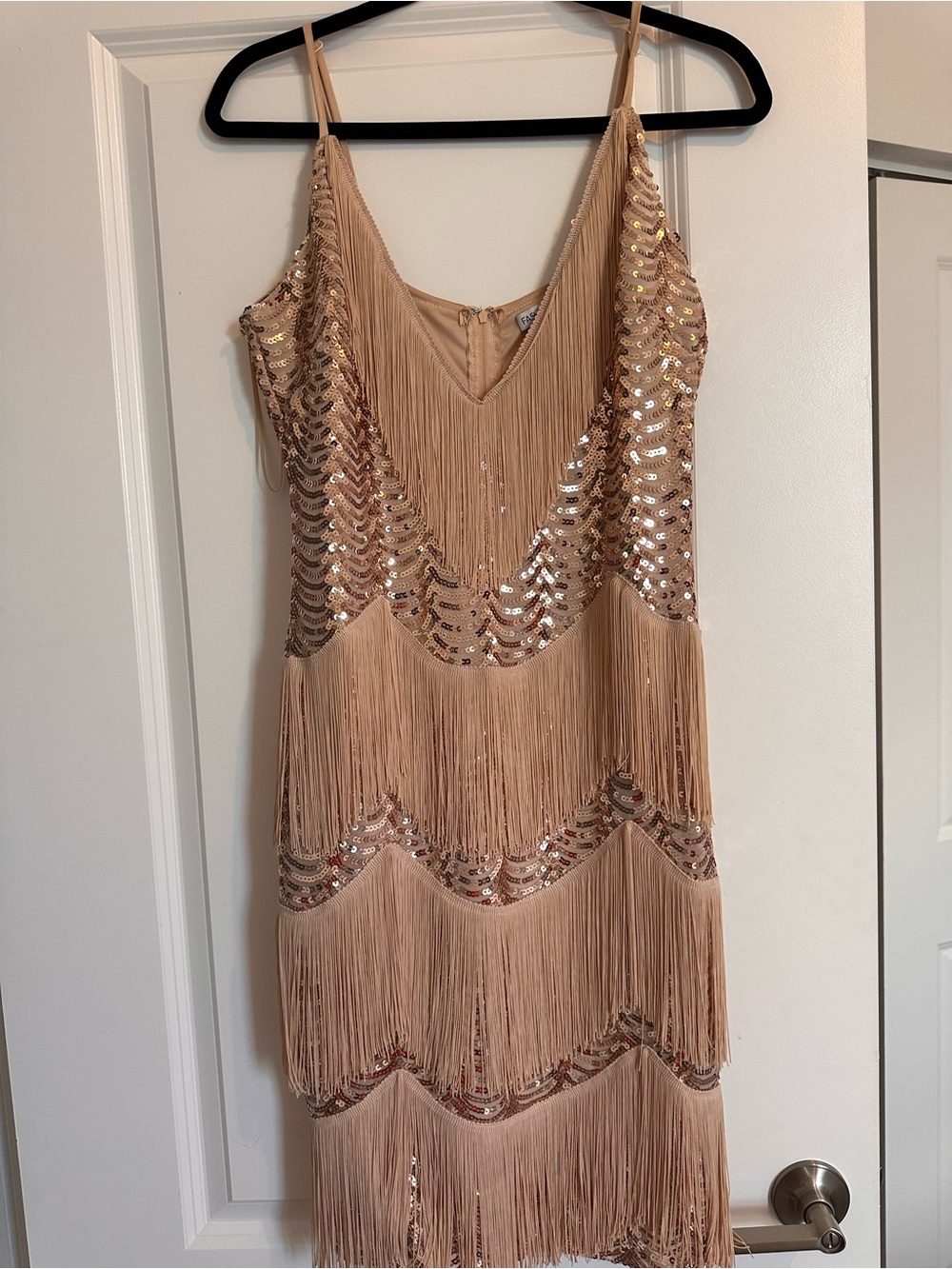 Fashion Nova Beige Fringe Sequin Slip Dress
